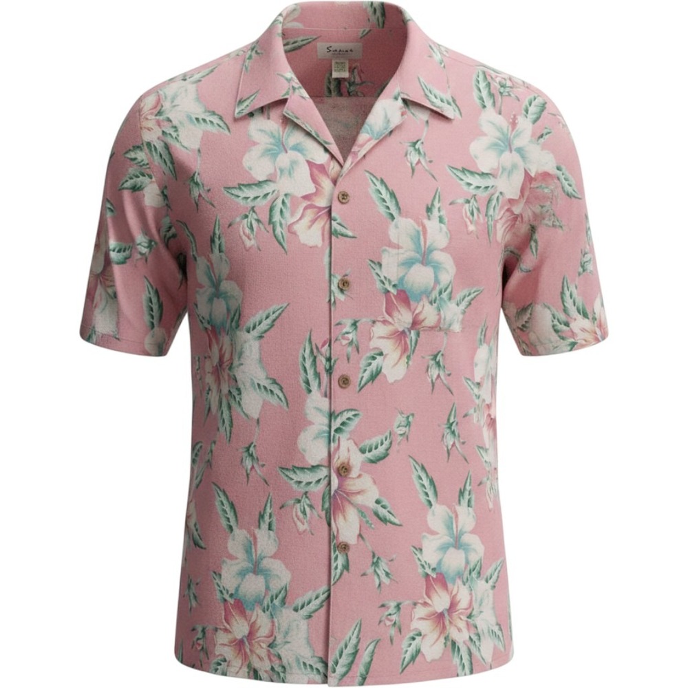 Sauce by Berne Island Breeze Pink Floral Hibiscus Cotton Camp Shirt 3XLT Mens